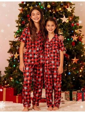 Girls Christmas Pajama Set Size 14Y – Red Plaid Snowflake Button-Up 2-Piece